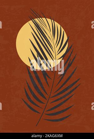 Minimalistisches Braun Illustration mit Palmblatt und Sonne. Stock Vektor