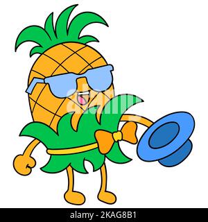 Eine bearbeitbare, niedliche Kritzelei mit einem Cartoon mit Ananas, Brille und Hut Stock Vektor