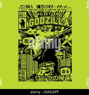 Godzilla T-Shirt-Design. König der Monster Vektor. Japanisches Monster. Jetzt herunterladen Stock Vektor