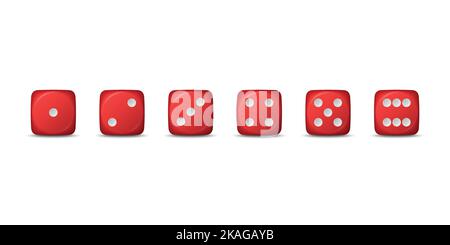 Vector 3D realistische rote Spielwürfel Symbol Set Nahaufnahme isoliert. Spielwürfel zum Spielen, Casino Würfel von einem bis sechs Punkten, Runde Kanten Stock Vektor