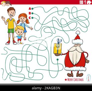 Cartoon Illustration von Linien Labyrinth Puzzle-Spiel mit Santa Claus Charakter mit Gegenwart und glückliche Kinder auf Weihnachtszeit Stock Vektor