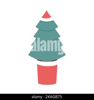 Weihnachtsbaum im roten Topf mit Weihnachtsmütze Dekoration. Vektordarstellung auf weißem Hintergrund isoliert. Stock Vektor