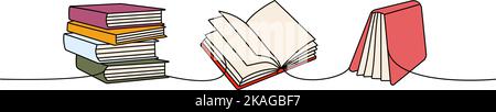 Bücher setzen eine Zeile farbige kontinuierliche Zeichnung. Buchhandlung, Bibliothek kontinuierlich eine Zeile bunte Illustration. Vektor minimalistische lineare Illustration. Stock Vektor