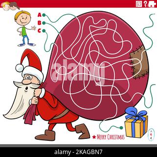 Cartoon Illustration von Linien Labyrinth Puzzle-Spiel mit Santa Claus Charakter mit Sack Geschenk und glücklichen Jungen auf Weihnachtszeit Stock Vektor