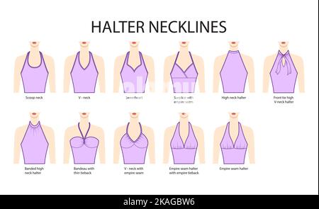 Set von Nackenlinien Halfter Kleidung - Tops, Blusen, Hemden Schatz, vorne Krawatte, Schaufel, empire, V-Ausschnitt technische Mode-Illustration mit passgenaue Körper. Flache Bekleidungsvorlage. Frauen Männer Unisex CAD Mockup Stock Vektor