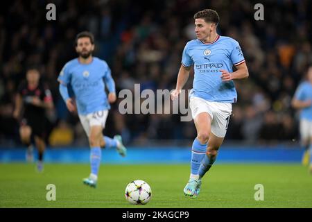 City Stadium, Manchester, Großbritannien. 2.. November 2022. Champions League Football, Manchester City gegen Sevilla: Julian Alvarez von Manchester City Kredit: Action Plus Sports/Alamy Live News Stockfoto