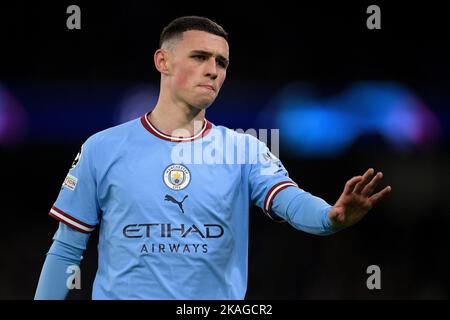 City Stadium, Manchester, Großbritannien. 2.. November 2022. Champions League Football, Manchester City gegen Sevilla: Phil Foden von Manchester City Credit: Action Plus Sports/Alamy Live News Stockfoto