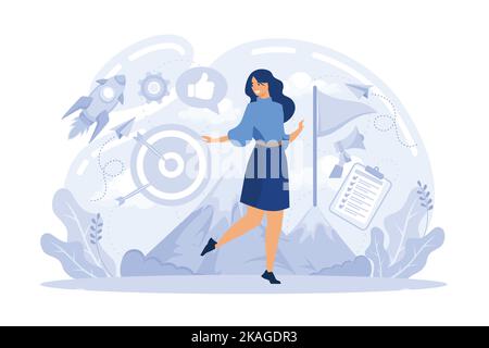 Selbstbewusster Geschäftsmann, der mit gekreuzten Beinen auf einem Tisch mit Geschäftsprozesssymbolen und Infografiken im Hintergrund steht. Geschäftsdiagramme und -Diagramme Stock Vektor