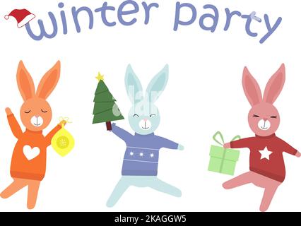 Kartenvorlage mit niedlichen Hasen und Weihnachtsbaum, Geschenken und Bällen. Vektor auf weißem Hintergrund. Symbol des neuen Jahres. Stock Vektor