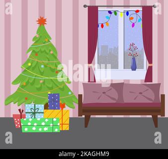 Gemütliches Interieur mit Dekorationen für Weihnachten und Neujahr. Weihnachtsbaum, Geschenke, Sofa und Fenster. Saison der Vorbereitung auf die Feiertage. Stock Vektor