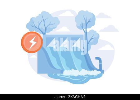 Wasserkraftwerk, Wasser Massenenergie mit, Staudamm und Reservoir. Kanalströme und Gezeitenbewegungen Leistung, Wasserkraft Erzeugung flacher vecto Stock Vektor