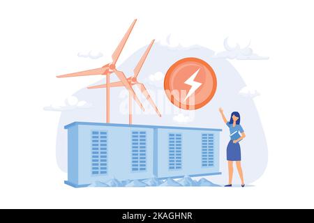 Windpark mit Windmühlen, Energie aus natürlicher Quelle zu beziehen. Windstrom-Generator, umweltfreundliche Transformatorumspannanlage, Energieproduktionsanlage. Stock Vektor