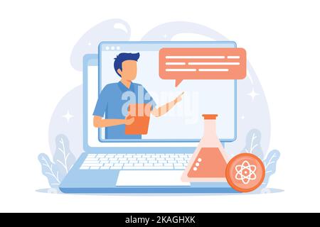 Chemie Online-Unterricht. Biochemiker Präsentation, Wissenschaft Klasse, e Learning. Labor Arbeiter Cartoon-Figur erklärt pharmazeutische Forschungen Stock Vektor
