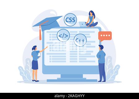 Programmiersprachen lernen. Software-Coding-Kurse, Website-Entwicklung Klasse, Skript schreiben. ES Programmierer Cartoon-Charaktere. Flache Vektor mod Stock Vektor