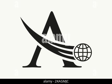 Schreiben Sie ein World Logo-Konzept mit der Vorlage „Moving Global Icon Vector“ Stock Vektor