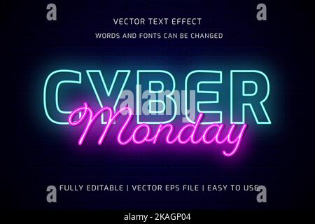 Cyber monday Neon-Texteffekt vollständig bearbeitbar Stock Vektor