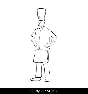 Ganze Länge des Küchenchefs stehend mit Armen akimbo Illustration Vektor Hand gezeichnet isoliert auf weißem Hintergrund Linie Kunst Stock Vektor