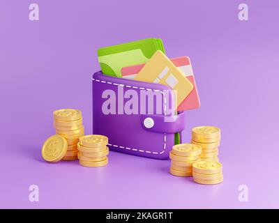 3D Render Brieftasche mit Plastikkarten und goldenen Münzen um. Finanzierungskonzept von Geld, Bargeld, Kauf und Bezahlung, Einkauf, Einsparungen, Bargeldlose Gesellschaft Illustration auf violettem Hintergrund in Cartoon-Kunststoff-Stil Stockfoto