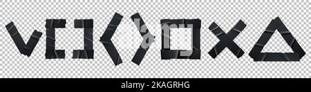 Schwarzes Klebeband, klebrige Streifen isoliert auf transparentem Hintergrund. Scotch Stücke mit Falten in Form von Quadrat, Kreuz, Klammern und Häkchen geklebt, Vektor realistisch gesetzt Stock Vektor