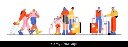 Gruppe von Touristen gehen und tragen Koffer oder Rucksäcke. Junge Paare Reisende auf Reise, Familie mit Kind im Sommerurlaub isoliert auf weißem Hintergrund, Linear flache Vektor-Illustration Stock Vektor