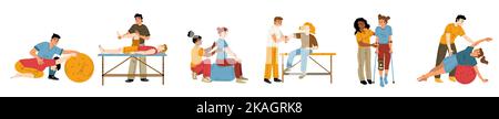 Therapeuten, die Patienten während der Rehabilitation helfen, flacher Vektor-Illustrationssatz. Arzt, der Fitnessübungen mit Menschen macht, die sich nach Verletzungen erholen, oder Personen mit körperlichen Behinderungen trainiert Stock Vektor