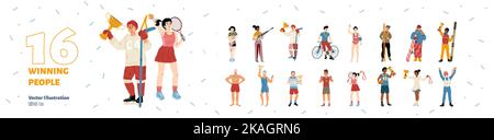 Eine Gruppe von Siegern, Sportlern und Champions. Junge lächelnde glückliche Sportfiguren mit goldener Trophäe in den Händen feiern den Sieg im Wettbewerb, Cartoon lineare flache Vektor-Illustration Stock Vektor