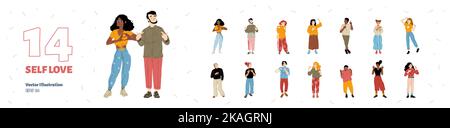 Junge Menschen zeigen Selbstliebe Emotionen, flache Vektor-Illustration-Set. Glückliche Männer und Frauen machen Hand-Herz-Gesten, umarmen und belohnen sich, lächelnd. Körpersprache der Selbstakzeptanz Stock Vektor