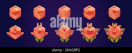 Satz von militärischen Spiel Rang Symbole auf dunkelblauem Hintergrund isoliert. Sechseckige rote und grüne Metallmedaillen mit glänzenden Sternen und Flügeln. Pokalabzeichen der Stufe. Vektordarstellung, ui-Designelemente Stock Vektor