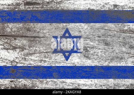 Israelische Flagge auf einem beschädigten alten Holzhintergrund gemalt Stockfoto