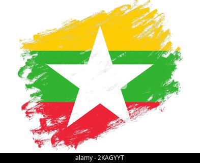 Myanmar Flagge auf einem grunge Pinsel Strich weißen Hintergrund gemalt Stockfoto