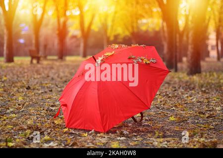 Wandern und Genießen auf dem Liebesweg und Wald in der Herbstsaison mit rotem Regenschirm und mit schönem Hintergrund. Stockfoto