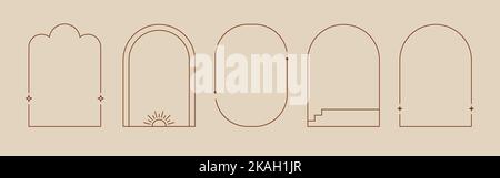 Boho Mystic Arch Frame Set. Minimalistischer Bogen im Linienstil, ovaler Boho-Rahmen mit Stern, geometrisches Element für Abzeichen, Logo-Design. Vektorgrafik. Stock Vektor