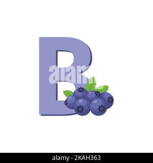 Heidelbeeren, Früchtebalphabet, Clip Art Vektor, Illustration für Kinder, Buchstabe B Stock Vektor