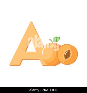 Aprikose, Fruchtalphabet, Clip Art Vektor, Illustration für Kinder, Buchstabe A Stock Vektor