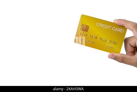 Hand hält Kreditkarte isoliert auf weißem Hintergrund. Einkaufskonzept. Bargeldloses Ausgabenkonzept. Stockfoto