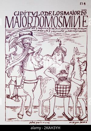 524. Der königliche Aufseher schlägt seinen einheimischen Portier. Von Felipe Guamán Poma de Ayala (1535-1616). Guamán Poma erzählt die Geschichte, wie spanien das größte Kolonialreich in der „Neuen Welt“ errichtete und aus Andenperspektive eroberte, insbesondere die Misshandlung der Andeneinwohner durch die Spanier, genannt Nueva corónica y buen gobierno.Guaman. Stockfoto