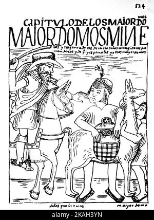 524. Der königliche Aufseher schlägt seinen einheimischen Portier. Von Felipe Guamán Poma de Ayala (1535-1616). Guamán Poma erzählt die Geschichte, wie spanien das größte Kolonialreich in der „Neuen Welt“ errichtete und von dort aus eroberte eine Andenperspektive, insbesondere die Misshandlung der Eingeborenen der Anden durch die Spanier, genannt Nueva corónica y buen gobierno. GUAMAN Stockfoto