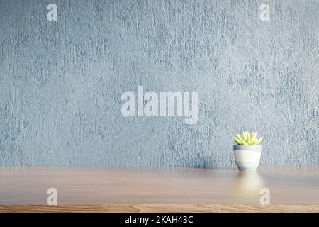 Holztisch vor Gipswand Hintergrund. Mockup leerer Holztisch für Produktplatzierung. Holzregal und Steinwand. 3D Rendern Stockfoto