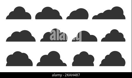 Abstrakte schwarze flache Wolken Icon-Set isoliert auf weiß. Verschiedene Formen flauschige Wolke Symbole Symbol Sammlung. Web-Banner für Klimameteorologie, Datenbanktechnologie, Etikett für Speicheranwendungen für Netzwerke Stock Vektor