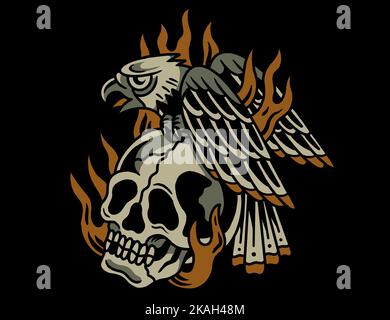 Traditionelles Tapeten-Tattoo inspiriert von coolem Grafikdesign Adler sitzt auf menschlichem Schädel mit Feuer auf schwarzem Hintergrund Stockfoto