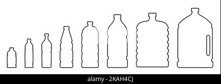 Plastikflaschen verschiedene Formen Line-Set. Verschiedene klare Behälter für Wasserumriss Modell. Recycling-Kolben für reine Verpackung für flüssige Produkte, die auf Weiß isoliert sind. Symbol für Glas mit sauberem Getränk Stock Vektor