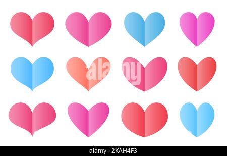 Symbol für Papierherzen eingestellt. Rot rosa blau Herz Form Origami gefaltete Karten. Einrichtung zum Valentinstag. Liebe Symbole auf weiß isoliert. Einfaches Etikett mit Platz für romantische Notizen, Nachrichten, Grußtext Stock Vektor