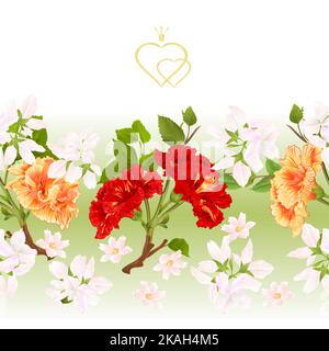 Florale Grenze nahtlose Hintergrund Zweige gelb und rot Hibiskus tropischen Blumen vintage Vektor Illustration für die Verwendung in der Innenarchitektur, Kunstwerk Stock Vektor