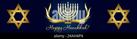 Happy Hanukkah, goldenes Menorah für Social-Media-Banner. Jüdische Feiertagsgrußkarte Hanukka mit traditionellen Chanukka-Symbol Menorah Kerzen und Stern Stock Vektor