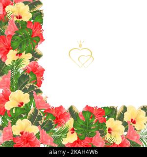 Rahmen florale Grenze festlichen Hintergrund mit blühenden gelben und rosa Hibiskus und Knospen Vintage-Vektor Illustration für die Verwendung in der Innenarchitektur, greeti Stock Vektor