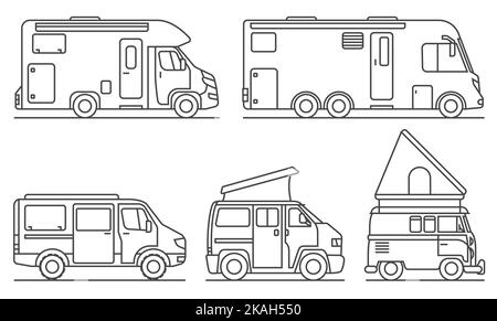 5 verschiedene Camper als Konturzeichnungen Stock Vektor