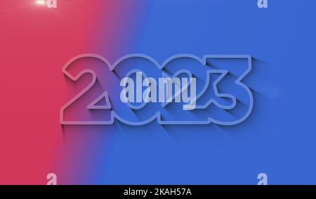 2023 Jahre futuristisches neues Neon Symbol digitales Konzept. Netzwerk, Cyber-Technologie und Computer Hintergrund abstrakt 3D Illustration. Stockfoto