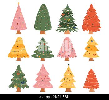 Sammlung von Weihnachtsbäumen mit Dekorationen. Konzept für Weihnachten und Neujahr. Geeignet für Grußkarten, Einladungen, Banner, Webdesign Stock Vektor