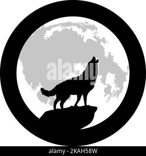 Ein Wolf, der auf einem Felsen steht und beim Vollmond heult Stock Vektor