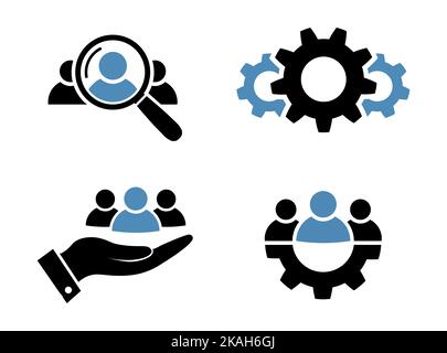Symbol für Forschung, Kundenbindung, Prozesse und Teamarbeit im flachen Stil Suche Mann, Fortschritt, Kundenbetreuung und Führungssymbole Schwarz und blau BU Stock Vektor